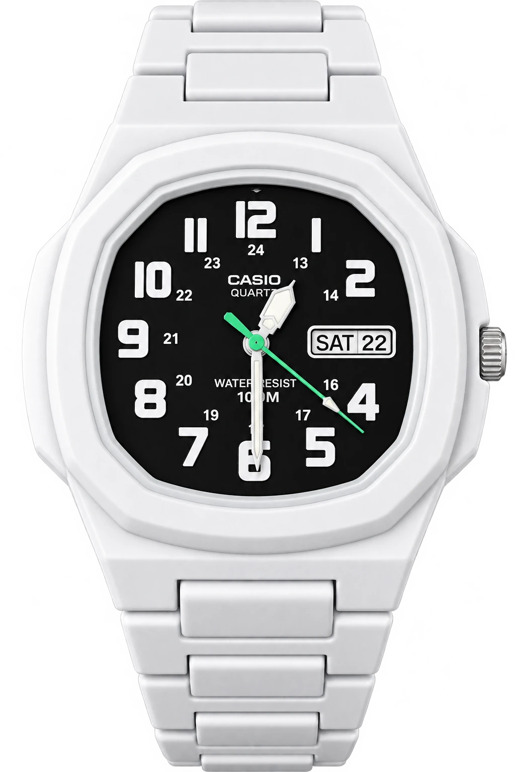 Frostline: Bold white numerals stand out against a black dial, framed by a white case and bracelet. A green seconds hand, inner 24-hour scale, and day-date window finish the field-inspired design.