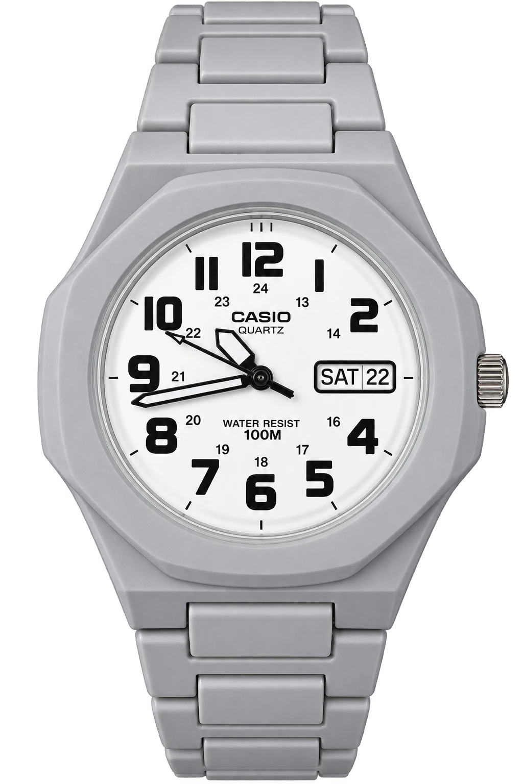 Stonefield: A soft-gray case and bracelet surround a white dial with bold black numerals. The inner 24-hour scale and day-date window give this understated design a field-watch character.