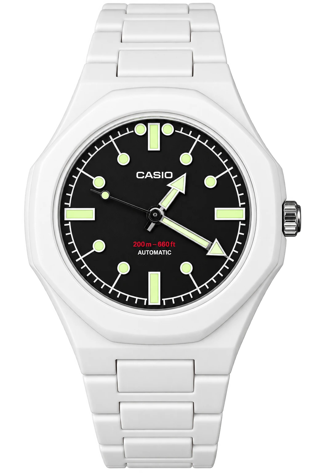 Polar Night: A white case and matching bracelet frame a black dial with pale-green geometric markers. An arrow-shaped hand gives this high-contrast design its distinctive character.