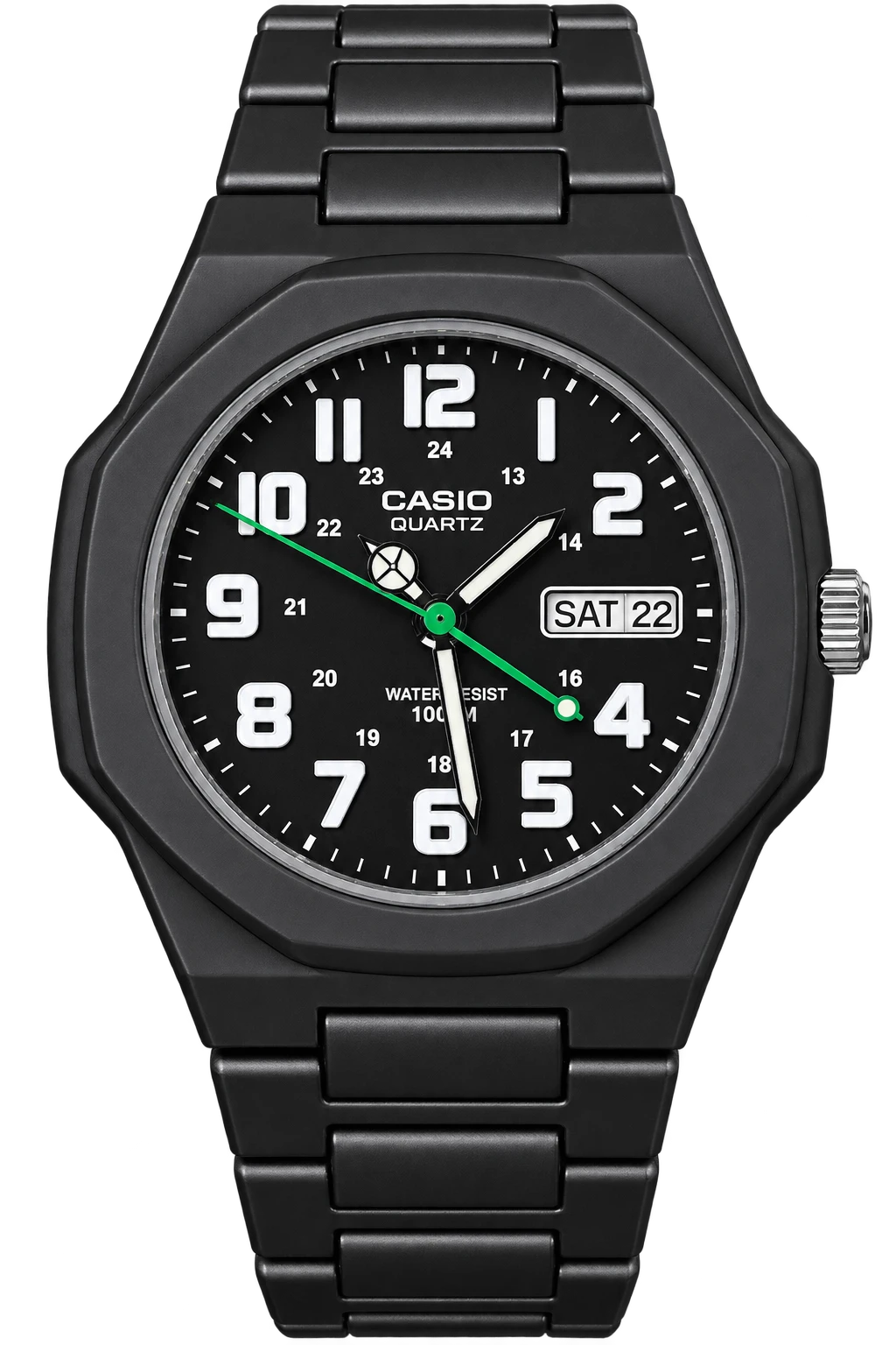 Nightfall: An all-black case and bracelet create a graphic backdrop for oversized white numerals. A green seconds hand and day-date display provide small points of contrast.