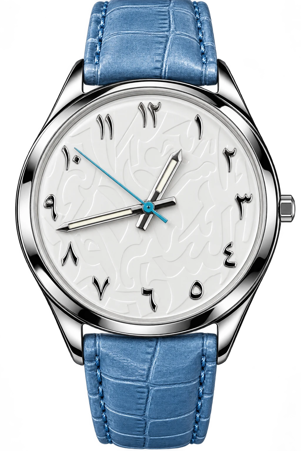 Cloud Script: A pale patterned dial with flowing numeral forms is paired with a textured blue strap. A polished silver-tone case and blue seconds hand finish the airy design.