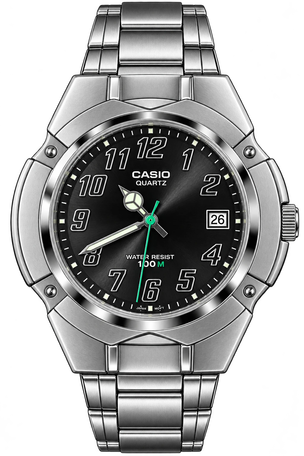Harbor Steel: A black dial, oversized outlined numerals, and a green seconds hand give this silver-tone bracelet watch a bold, practical look. A date window sits at three o’clock.