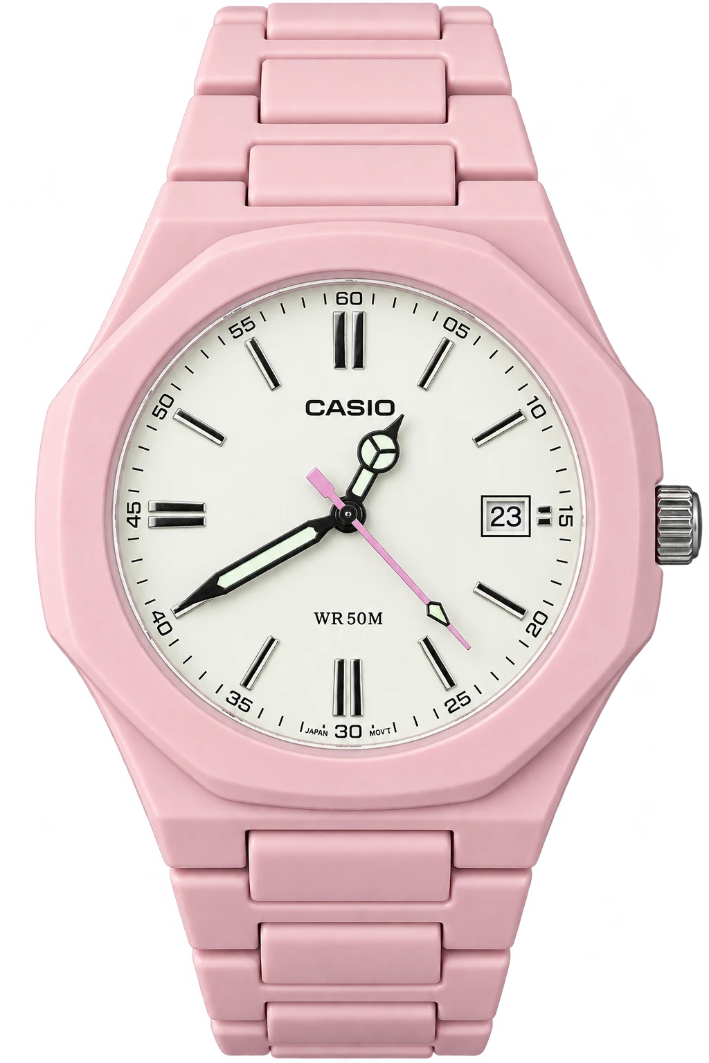 Rosewater: A blush-pink case and bracelet surround a light dial with slim gold-tone markers. A pink seconds hand and a discreet date window complete the soft color palette.