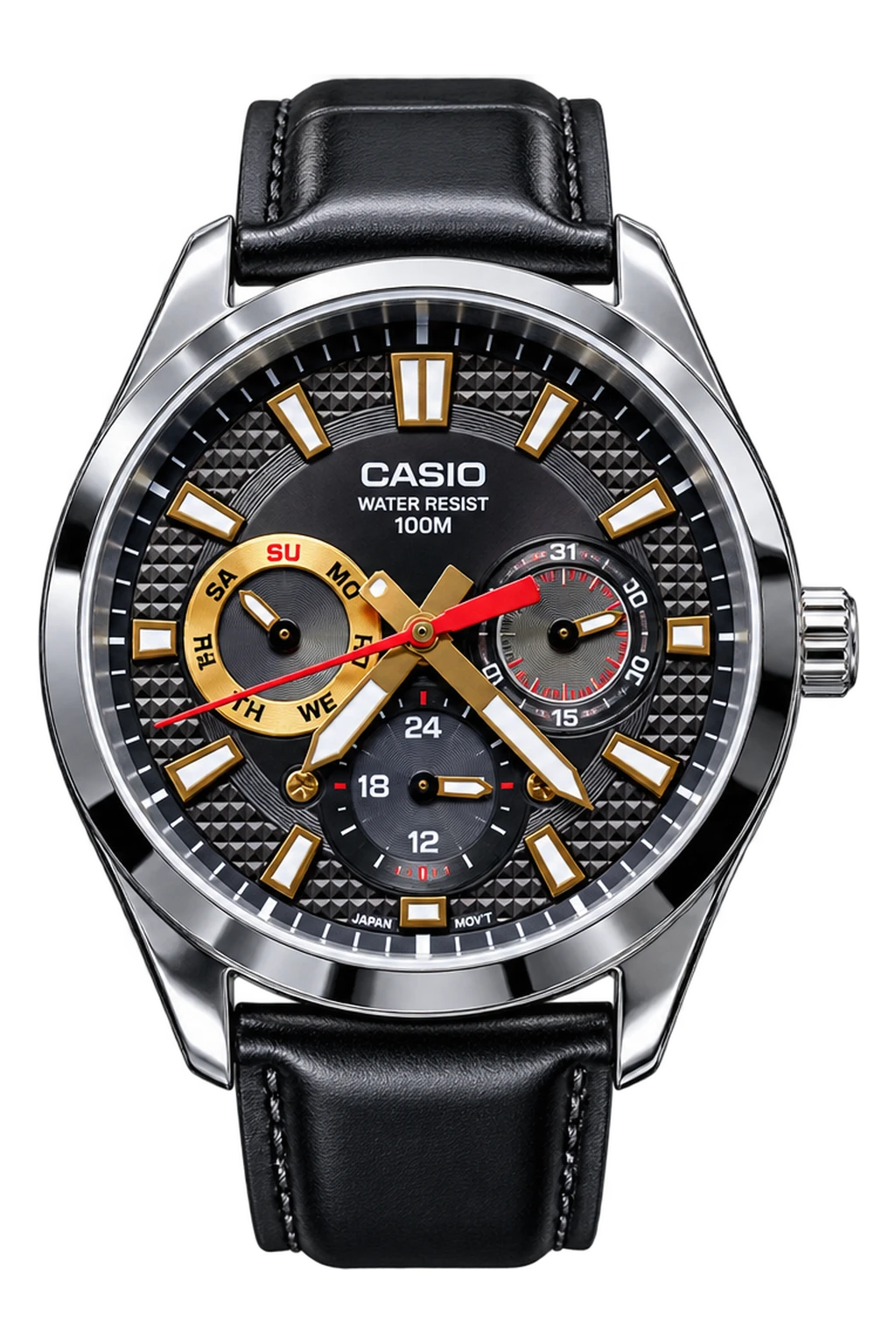 Golden Hour: Gold-tone subdial accents, a patterned black dial, and a vivid red hand create a richly detailed face. A silver-tone case and black strap balance the look.