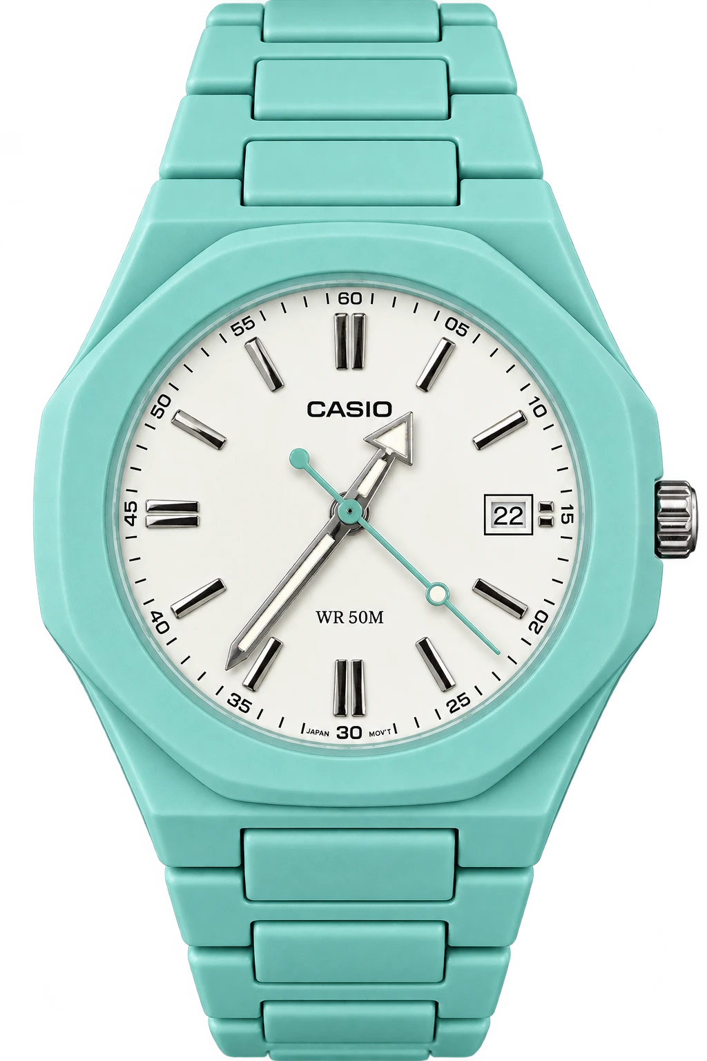 Seafoam: A seafoam-green case and bracelet pair with a white dial and slim gold-tone markers. A date window and green seconds hand add subtle detail to the fresh palette.