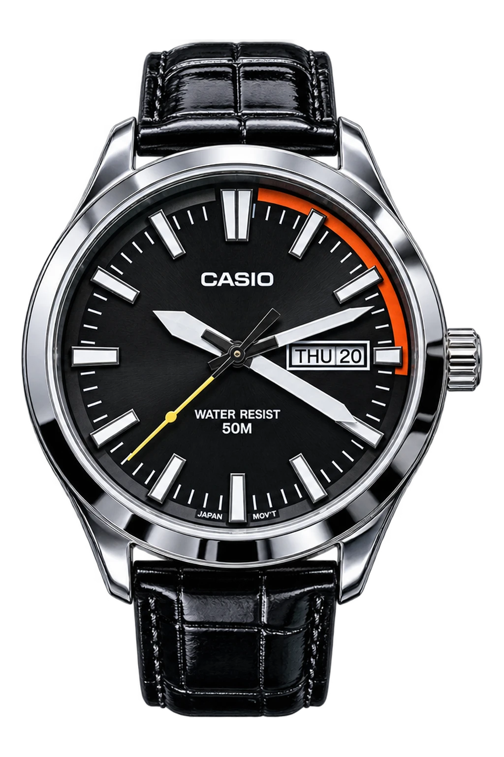 Emberline: A clean black dial is accented by an orange minute-track detail and a yellow seconds hand. A polished silver-tone case, textured black strap, and day-date window complete the design.