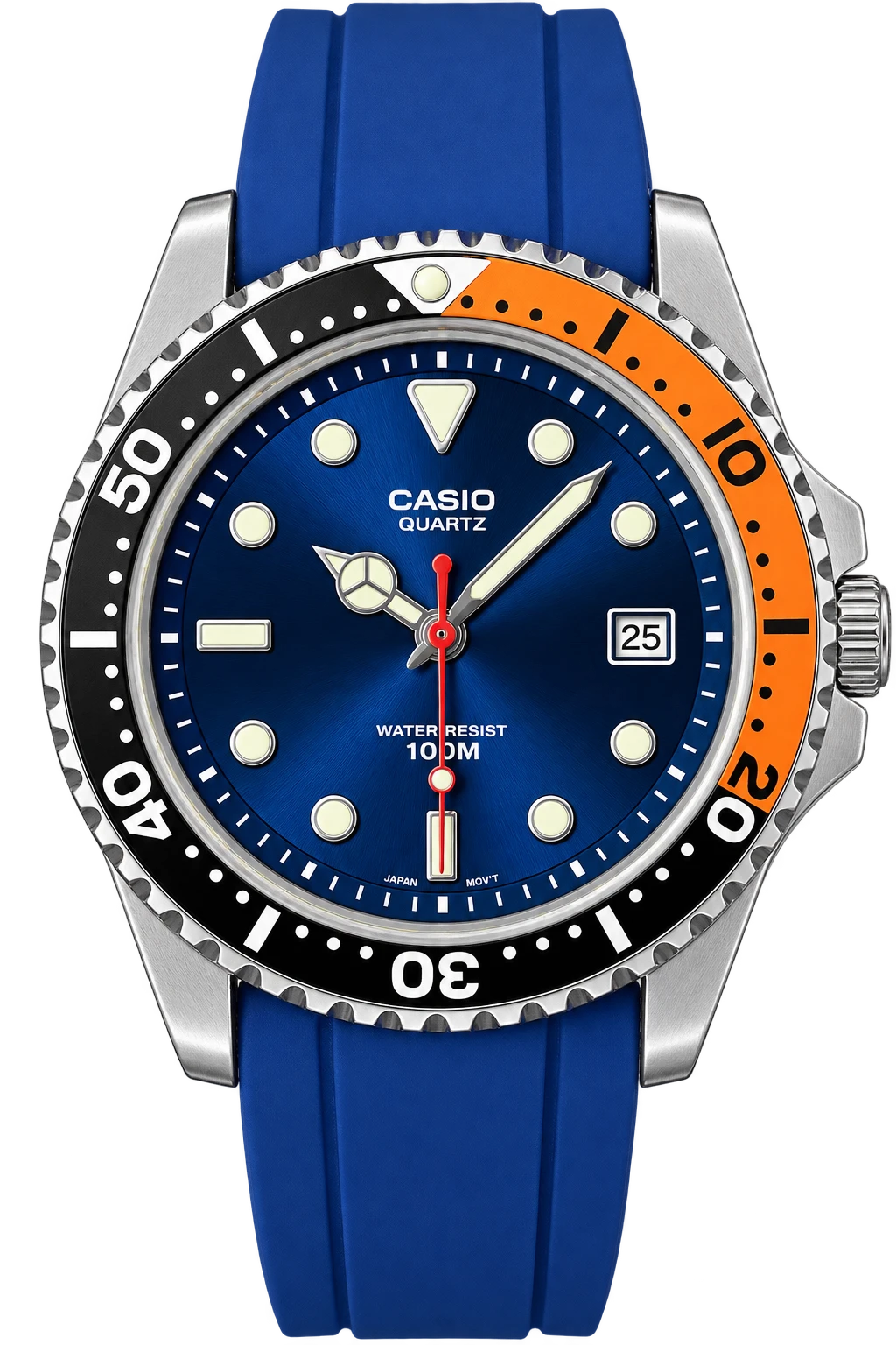Blue Current: A deep-blue dial and blue strap meet a black-and-peach numbered bezel. Rounded hour markers and a red seconds hand add a lively finish to this dive-inspired design.