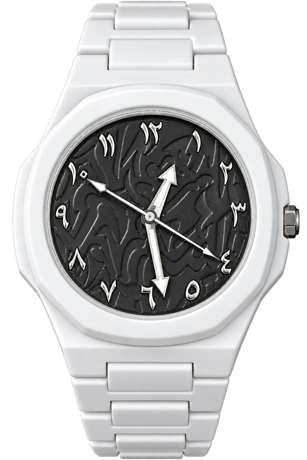 Midnight Script: A white case and bracelet contrast with a black patterned dial. Flowing numeral forms and arrow-shaped hands create a monochrome statement.