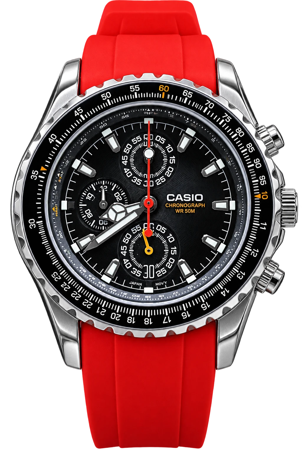 Redline: A vivid red strap sets off a black multi-register dial and numbered outer scale. Silver-tone details and red accents give this chronograph a motorsport-inspired look.