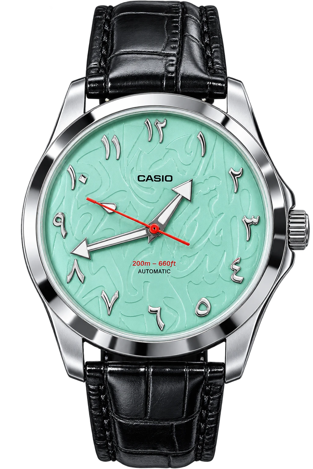 Mint Script: A mint-green patterned dial features flowing numeral forms and arrow-shaped hands. The silver-tone case, black strap, and red seconds hand keep the pastel face in focus.