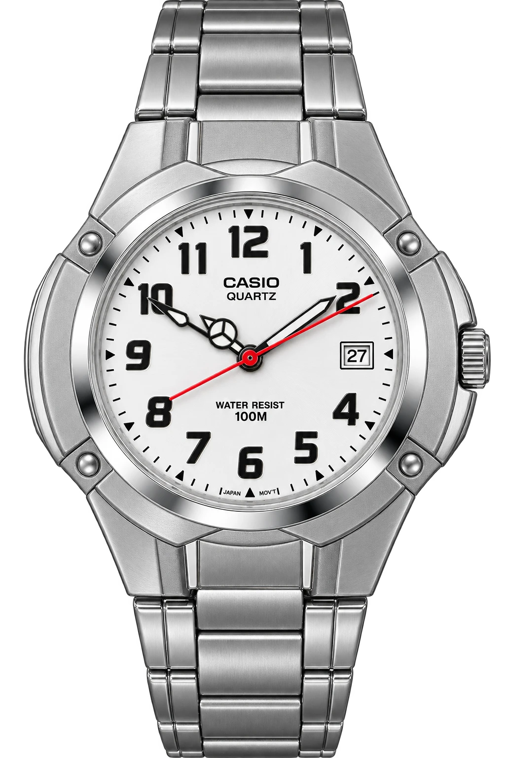 Alpine Steel: A white dial with bold black numerals is paired with a sculpted silver-tone case and bracelet. The red seconds hand and date window add distinct everyday details.