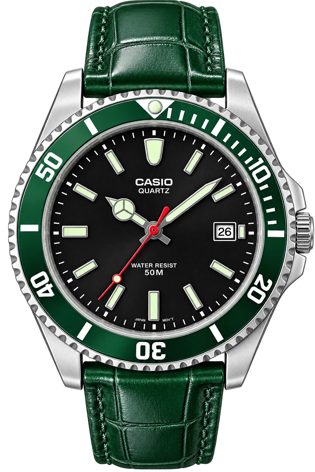 Evergreen Tide: A green numbered bezel and textured green strap frame a black dial. Bright markers and a red seconds hand bring crisp contrast to this dive-inspired watch.