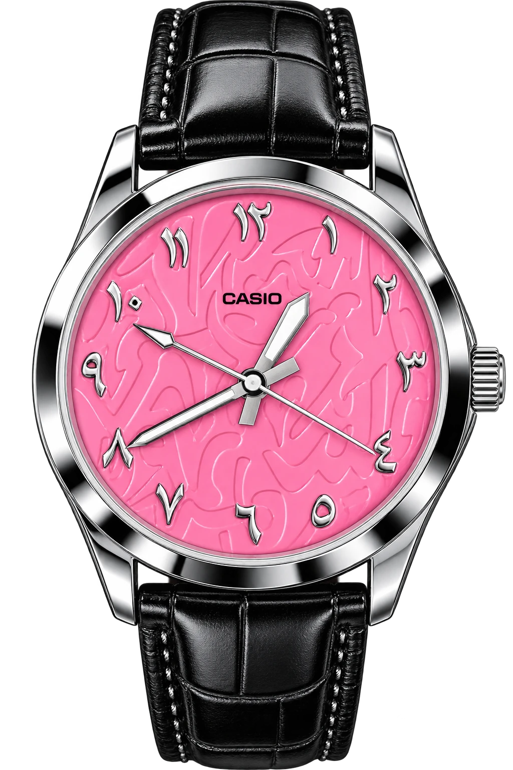 Rose Script: A bright pink patterned dial is marked with flowing numeral forms and arrow-shaped hands. A silver-tone case and textured black strap create a striking frame.
